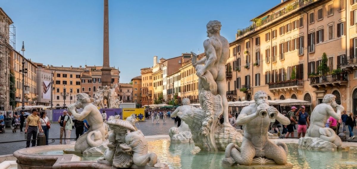 Fuente del Moro en la Plaza Navona en Roma con el obelisco al fondo.